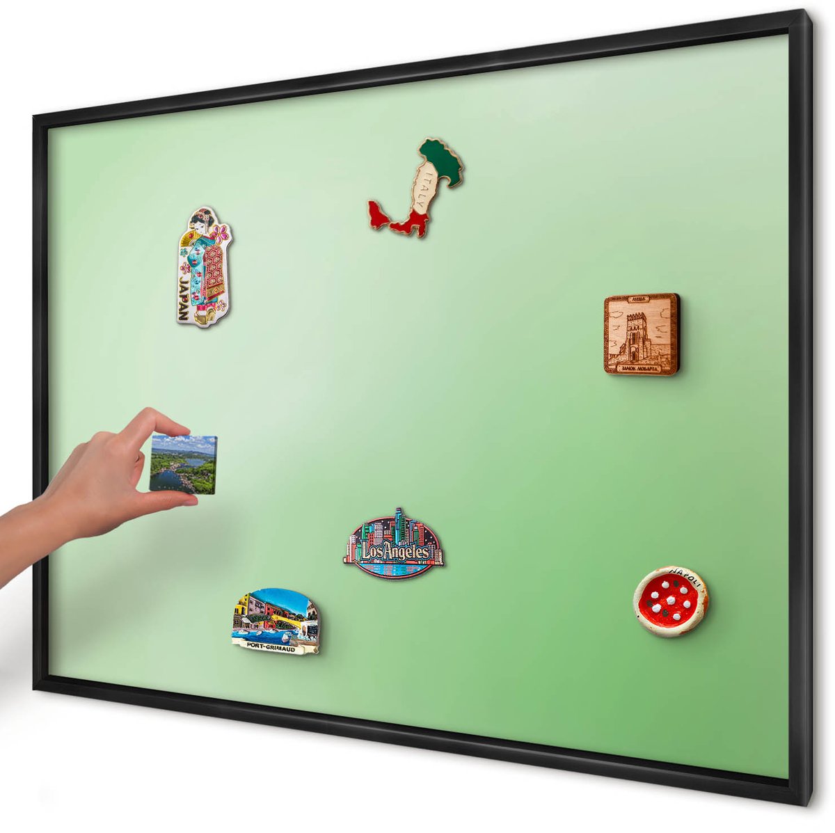 Artprintcave Groente Magneetbord mit Zwart Frame - 100x70 cm - Groene Harmonie Magneetbord Voor Foto's - Minimalist Magnetisch Bord - Achtergronden En Patronen