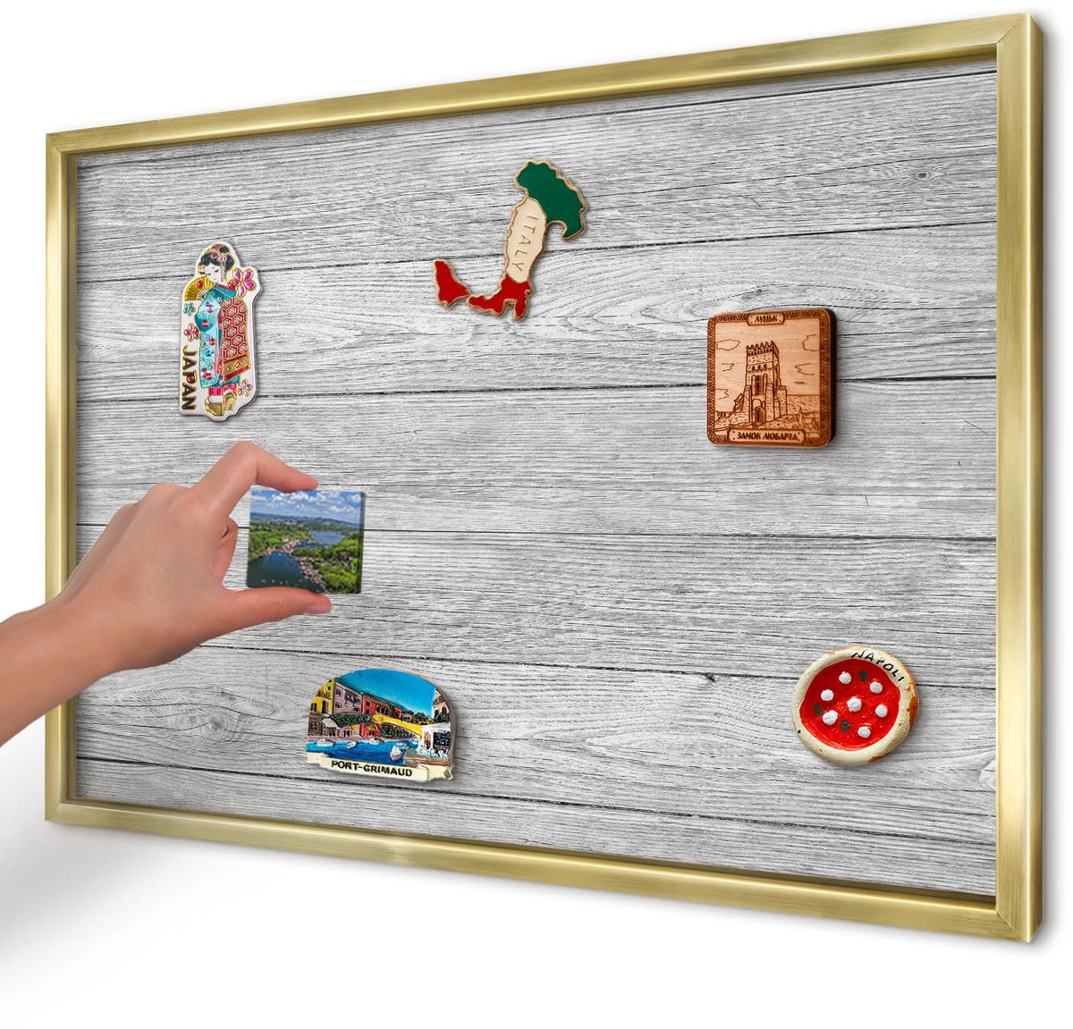 Artprintcave Grijs Magneetbord mit Gouden Frame - 60x40 cm - Houtstructuur Memobord Keuken - Rustiek Magneetbord Voor Keuken - Texturen