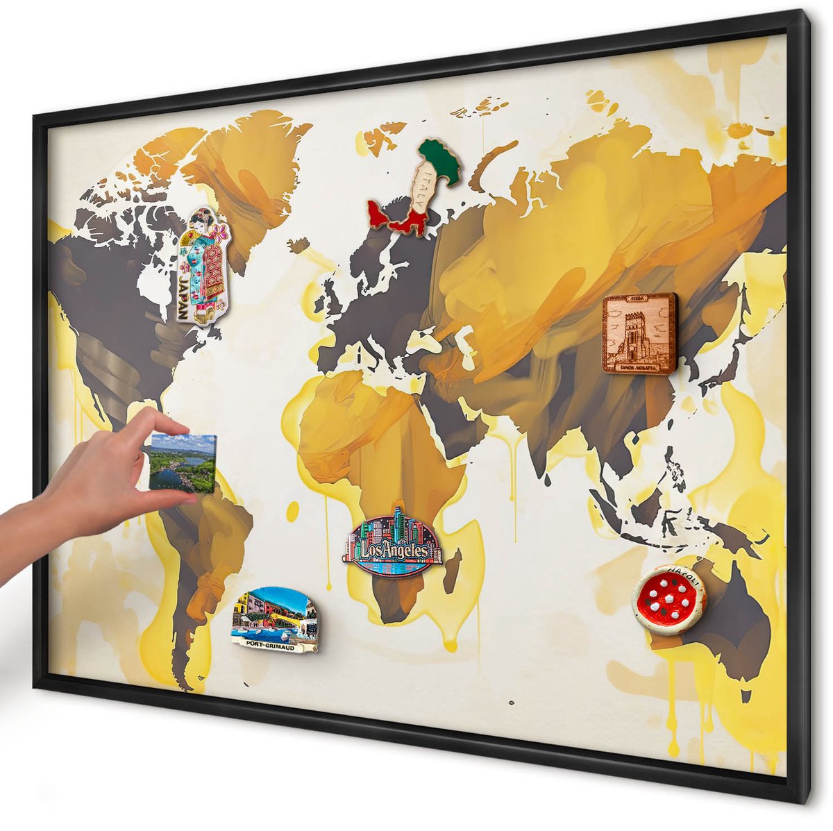 Artprintcave Geel Magneetbord mit Zwart Frame - 100x70 cm - Wereldkaart Magneetbord Voor Foto's - Abstract Magneet Bord mit Frame - Kaarten