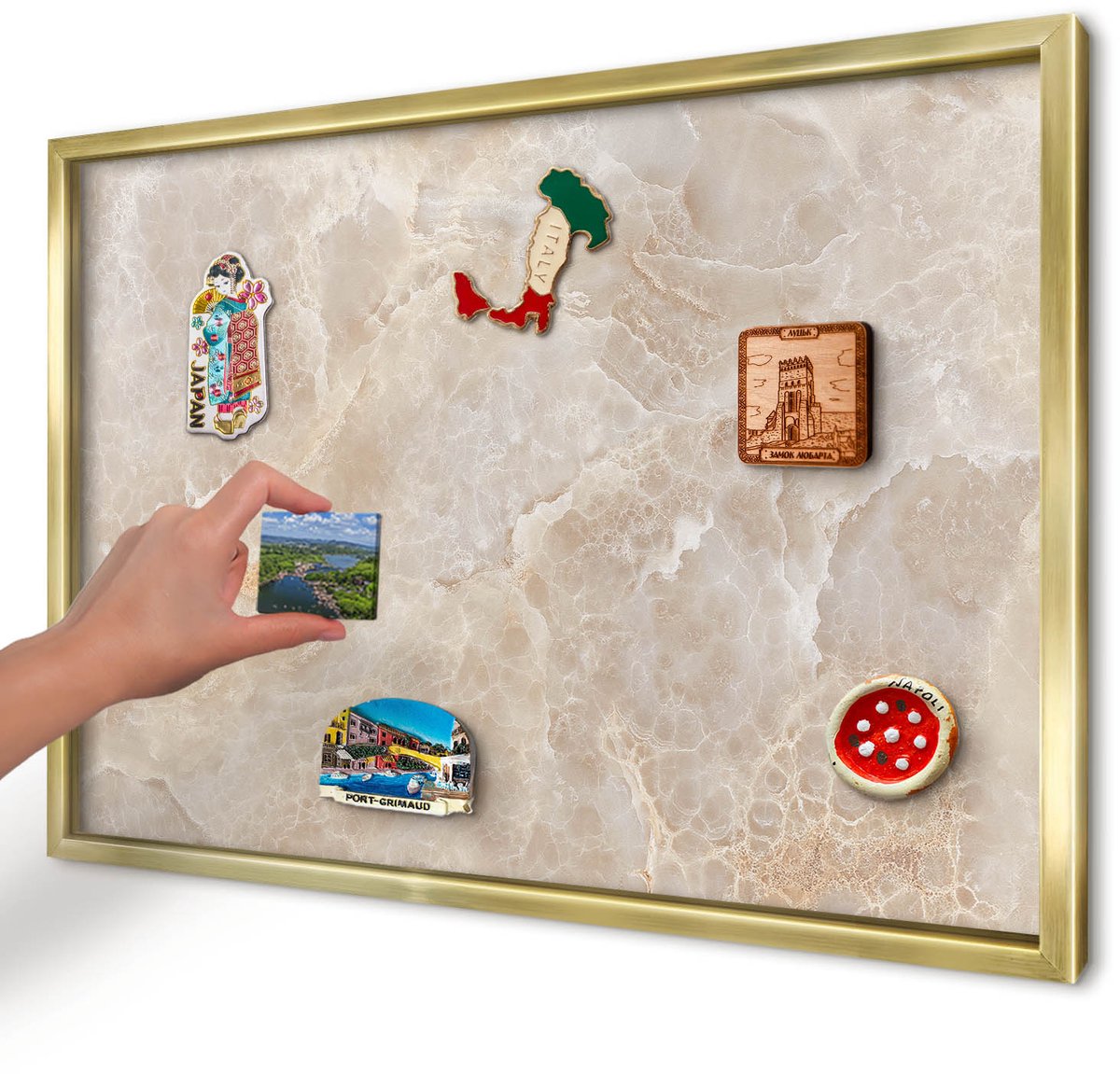 Artprintcave Romig Magneetbord mit Gouden Frame - 60x40 cm - Crème Marmer Magneet Bord mit Frame - Modern Magnetisch Bord - Texturen