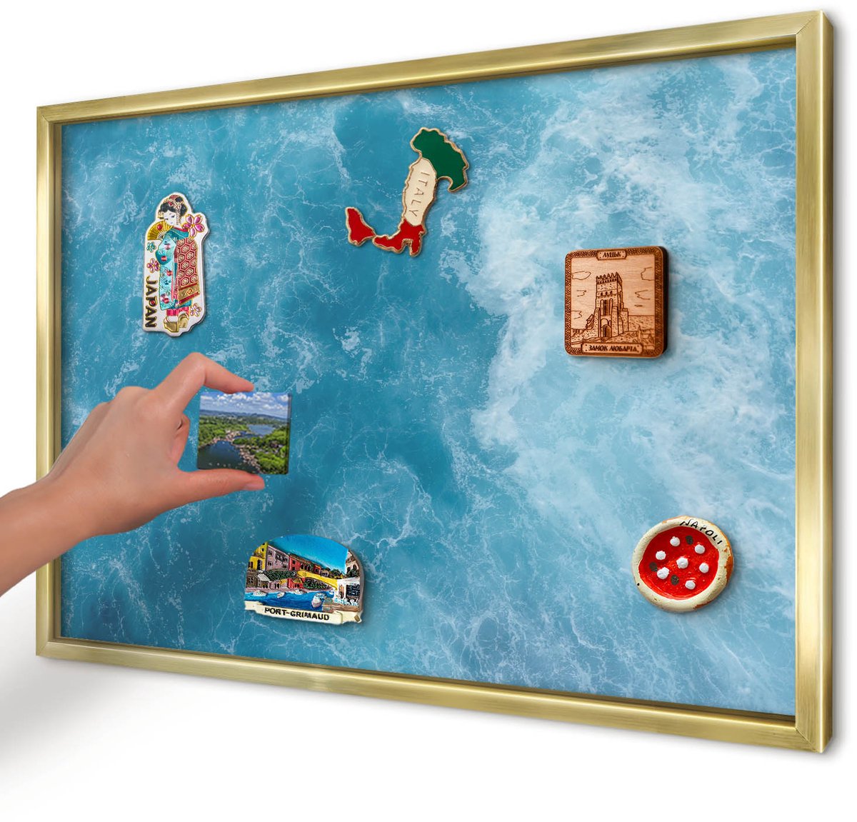 Artprintcave Blauw Magneetbord mit Gouden Frame - 60x40 cm - Oceaangolven Wandbord Magnetisch - Abstract Bord Voor Magneten - Natuur
