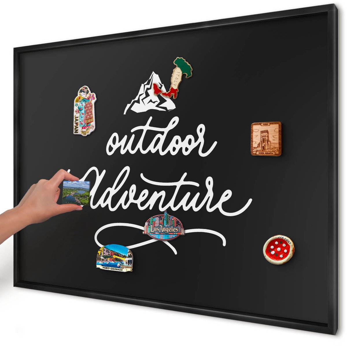 Artprintcave Zwart Magneetbord mit Zwart Frame - 100x70 cm - Buitenavontuur Memobord Keuken - Typografisch Magnetisch Bord - Teksten