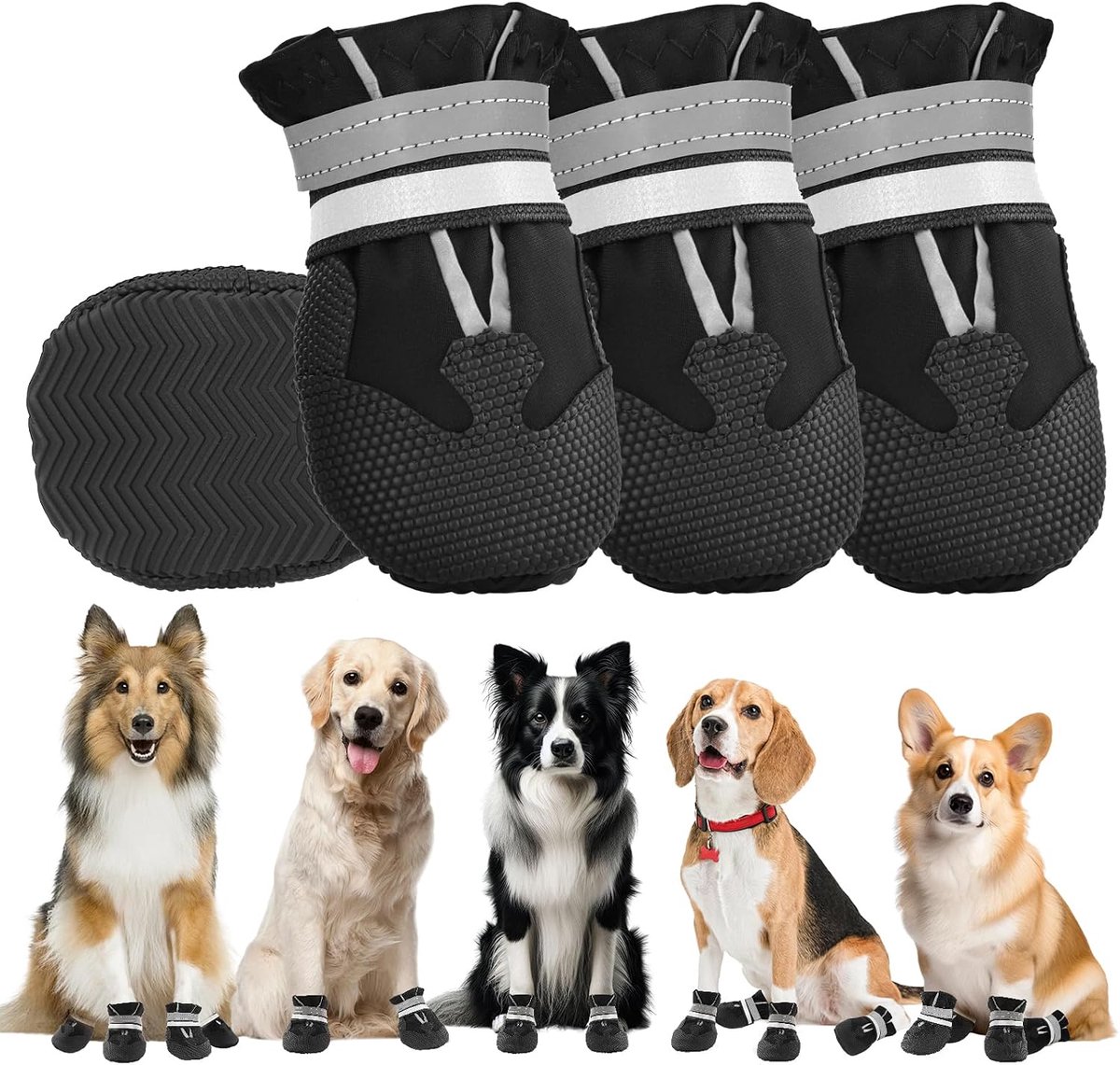 Hondenlaarzen, pootbeschermer, 4 stuks, waterdichte hondenschoenen met reflecterende bandjes, verstelbaar, wasbaar, antislip, voor geblesseerde poten, pootbeschermers voor kleine, middelgrote en