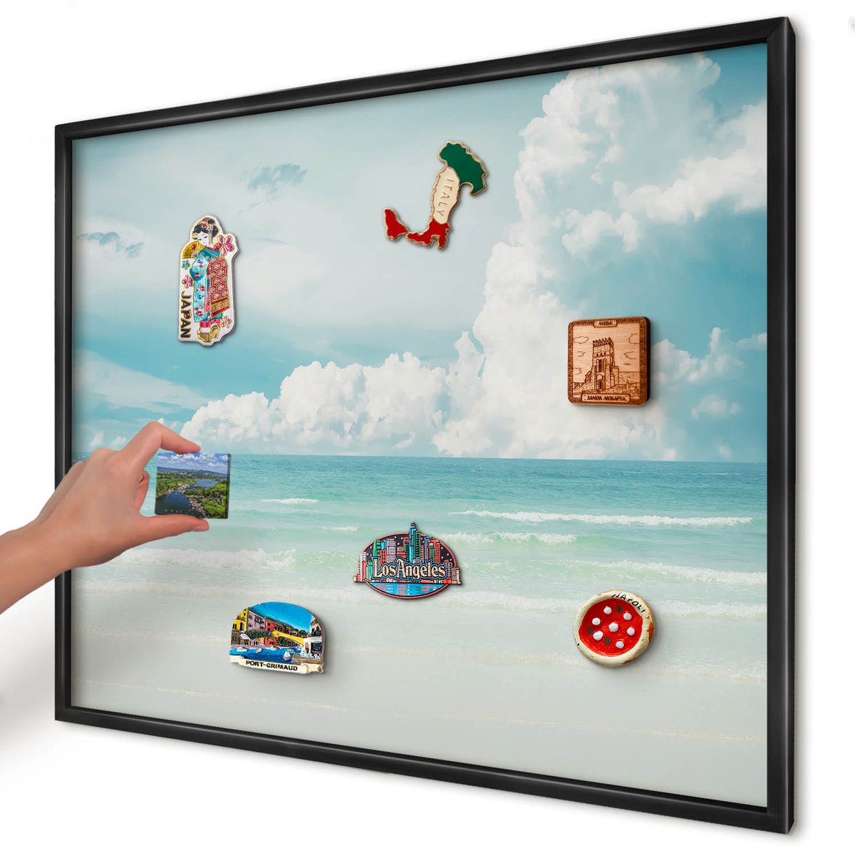 Artprintcave Blauw Magneetbord mit Zwart Frame - 80x60 cm - Maritieme Harmonie Magneet Bord mit Frame - Fotografisch Memobord Keuken - Landschappen