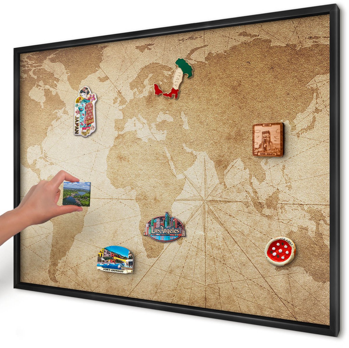 Artprintcave Beige Magneetbord mit Zwart Frame - 100x70 cm - Oude Kaart Bord Voor Magneten - Vintage Memobord Keuken - Kaarten