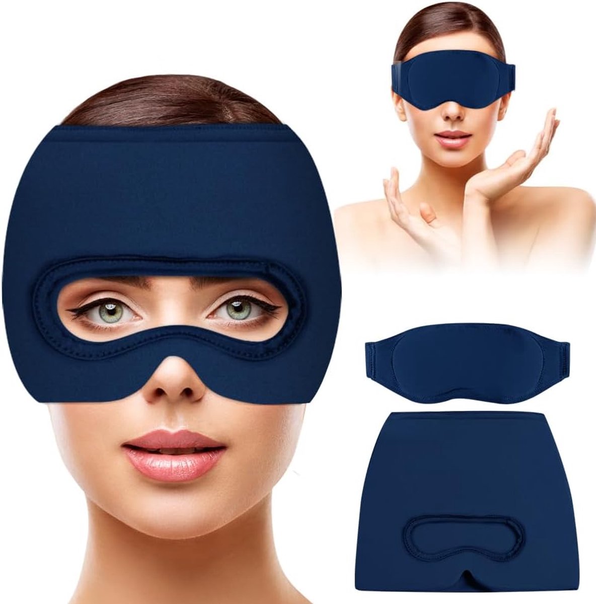 3-in-1 afneembaar migrainemasker, herbruikbaar, verlichtende muts, verkoelend masker, marineblauw