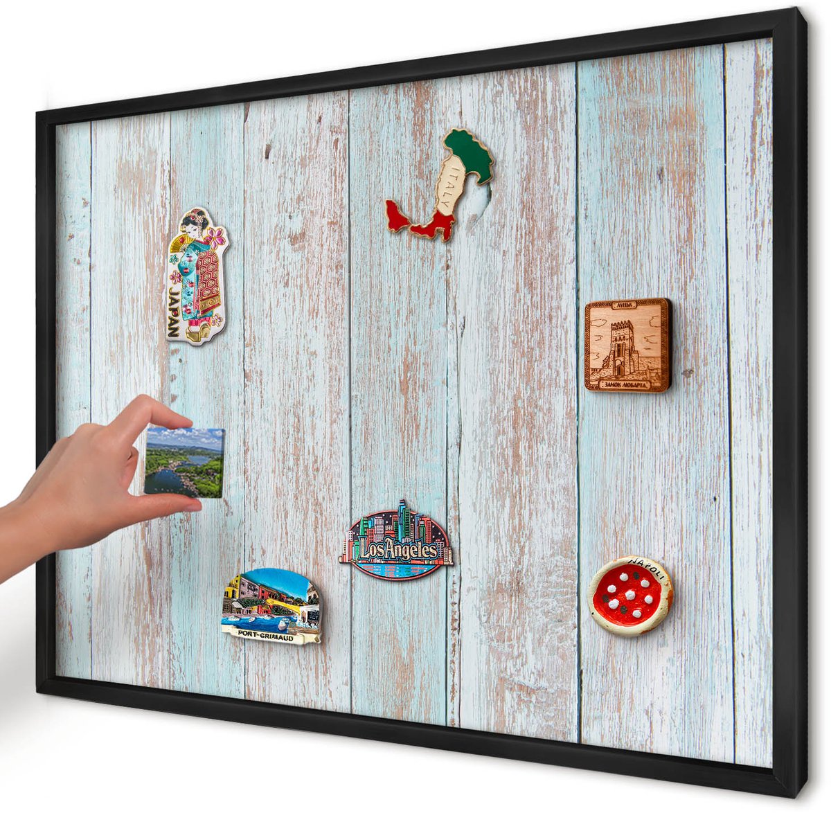 Artprintcave Blauw Magneetbord mit Zwart Frame - 70x50 cm - Rustieke Planken Bord Voor Magneten - Rustiek Wandbord Magnetisch - Texturen
