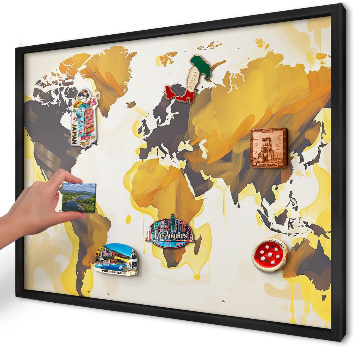 Artprintcave Geel Magneetbord mit Zwart Frame - 70x50 cm - Wereldkaart Notitiebord - Abstract Bord Voor Magneten - Kaarten
