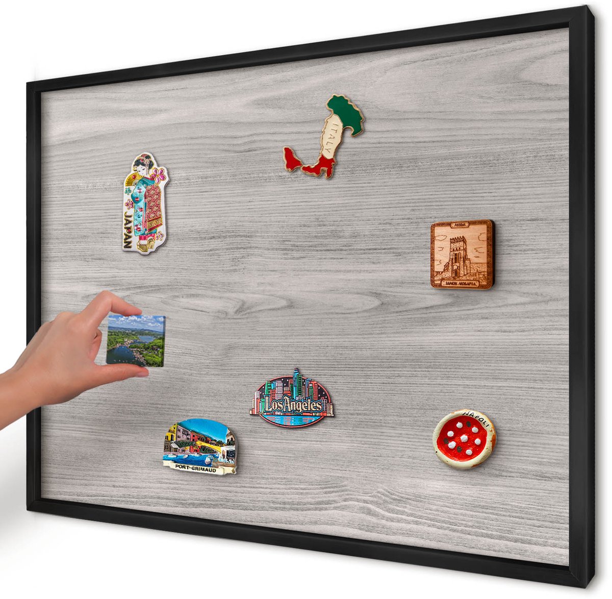 Artprintcave Grijs Magneetbord mit Zwart Frame - 70x50 cm - Houtstructuur Memobord Keuken - Minimalist Wandbord Magnetisch - Texturen