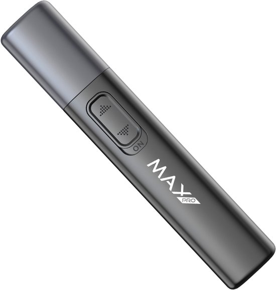 Donkergrijze Max Pro neus- en oortrimmer met 'ON' knop en ventilatiegaten.