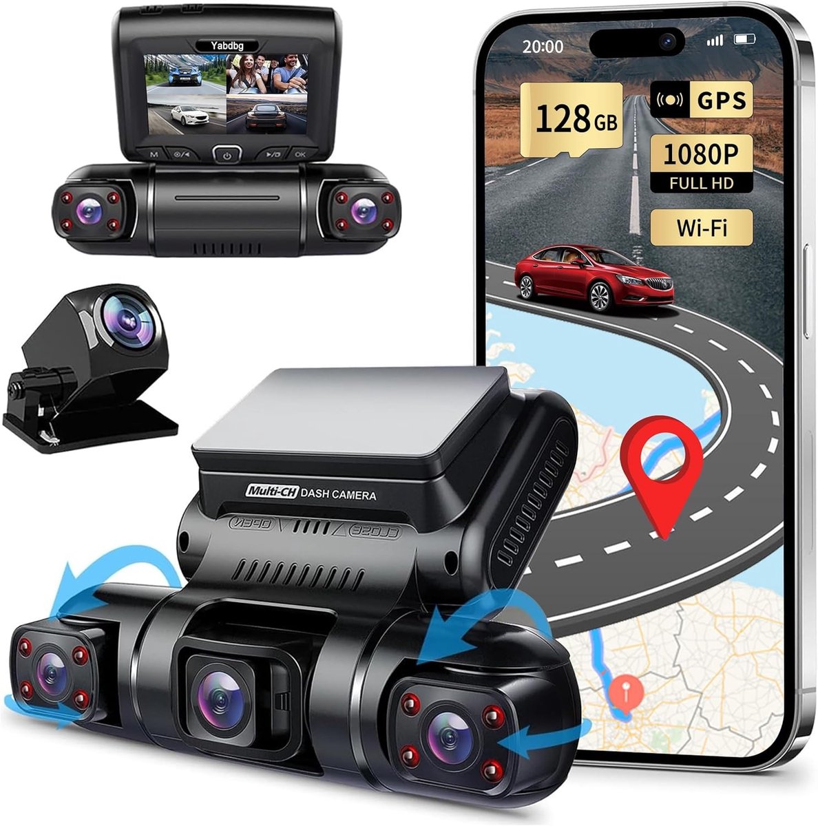 SnelShoppen - 4 Lens Dashcam Quad 4x1080P Auto Camera met GPS WiFi Parkeerstand, Nachtzicht, 150° Groothoek, 3" TFT Scherm, Loopopname G-Sensor, 128GB