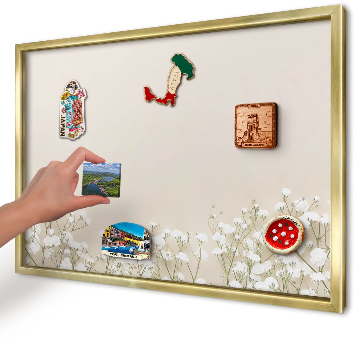 Artprintcave Beige Magneetbord mit Gouden Frame - 60x40 cm - Subtiele Natuur Magnetisch Bord - Minimalist Wandbord Magnetisch - Bloemen En Planten