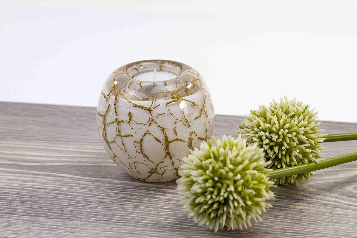 Theelichthouder Mini Urn Wit met Goudblad - Luxe Glas - Herinneringsobject - Bewaar de as van een geliefde - SnelShoppen