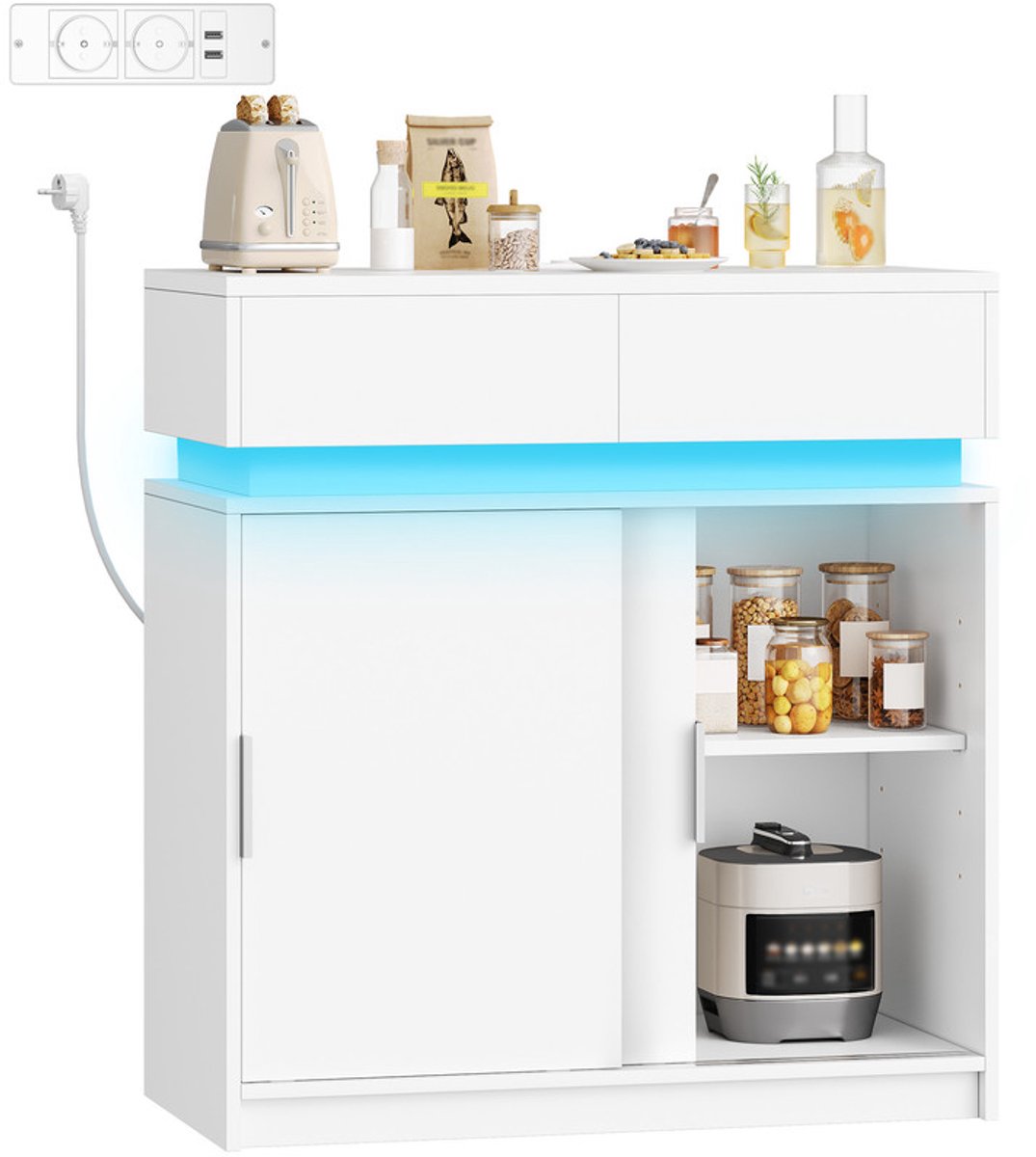 Hzuaneri Dressoir Met 2 Lades, Keukenkast Met 2 Schuifdeuren, Buffetkast Met Stekkerblok En Ledverlichting, Verstelbare Plank, Voor Keuken Of Woonkamer, 40 x 80 x 85 cm, Wit