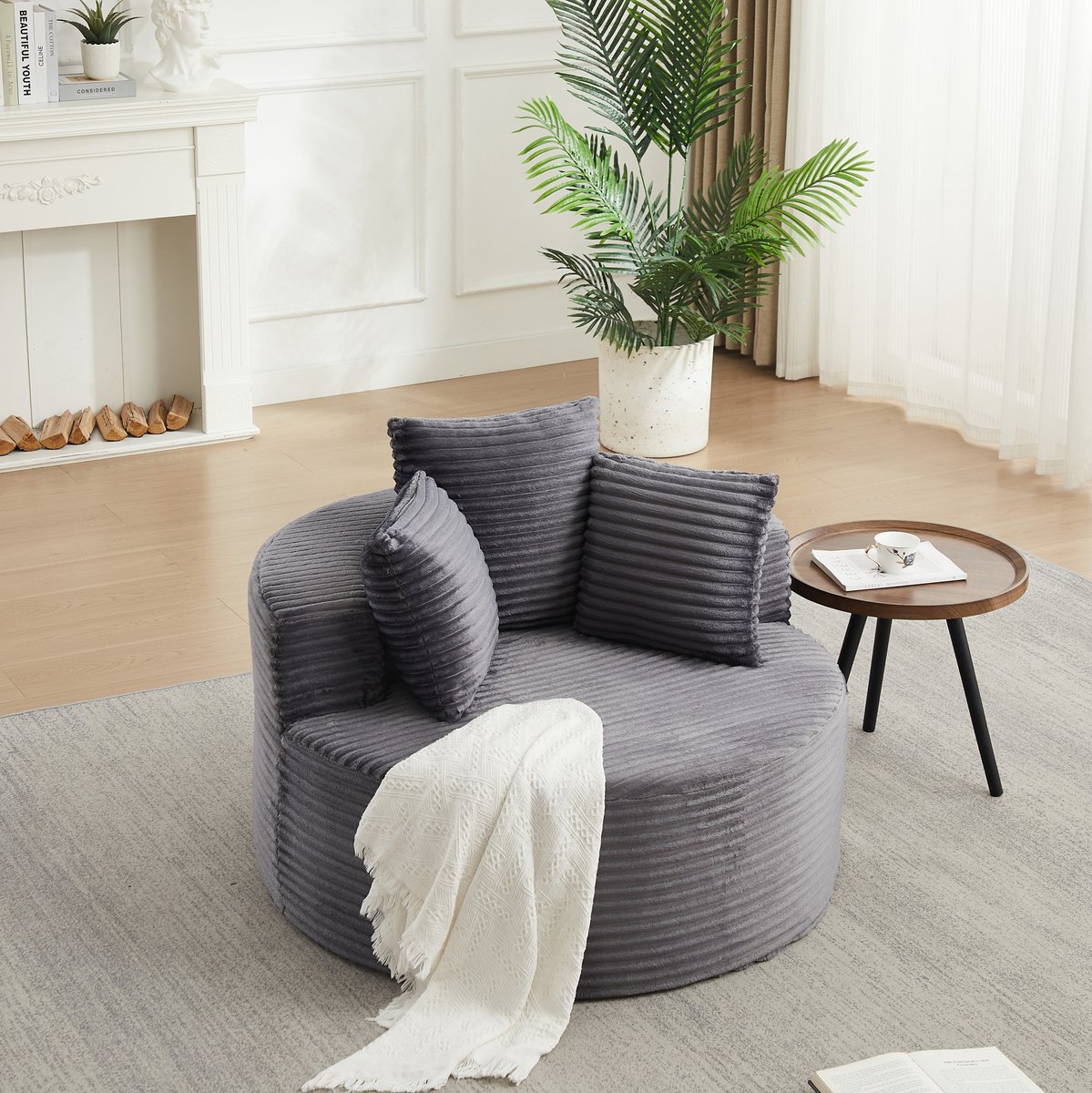 FloraGrace Fauteuil - Rond 110 cm - Met 3 Kussens En Brede Armleuningen - Voor Woonkamer, Slaapkamer En Speelhoek - Corduroy - Grijs