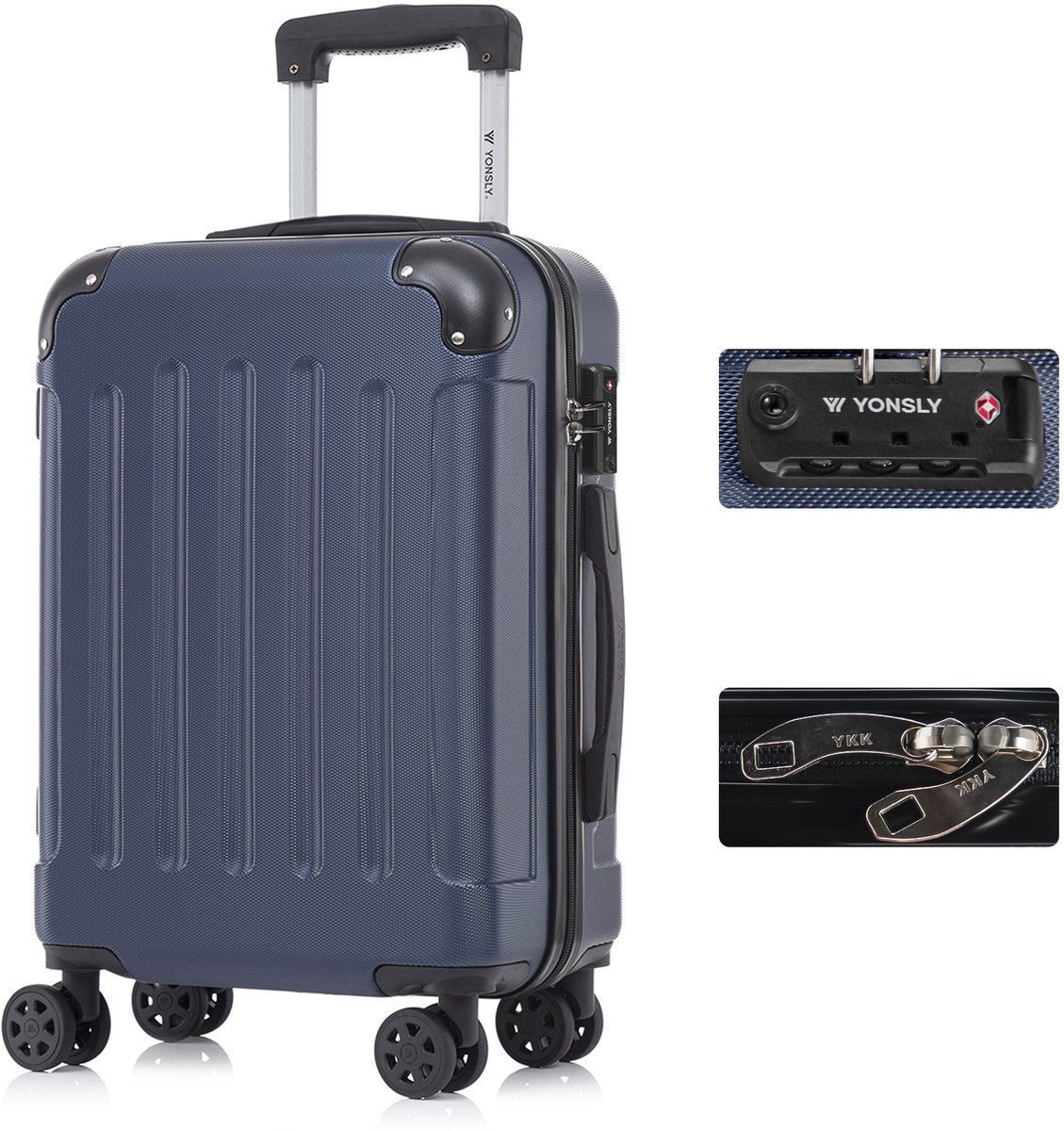 YONSLY Handbagage Koffer - 55cm - 40 L - TSA Slot - YKK Rits - 360° Draaibare Wielen - Donkerblauw