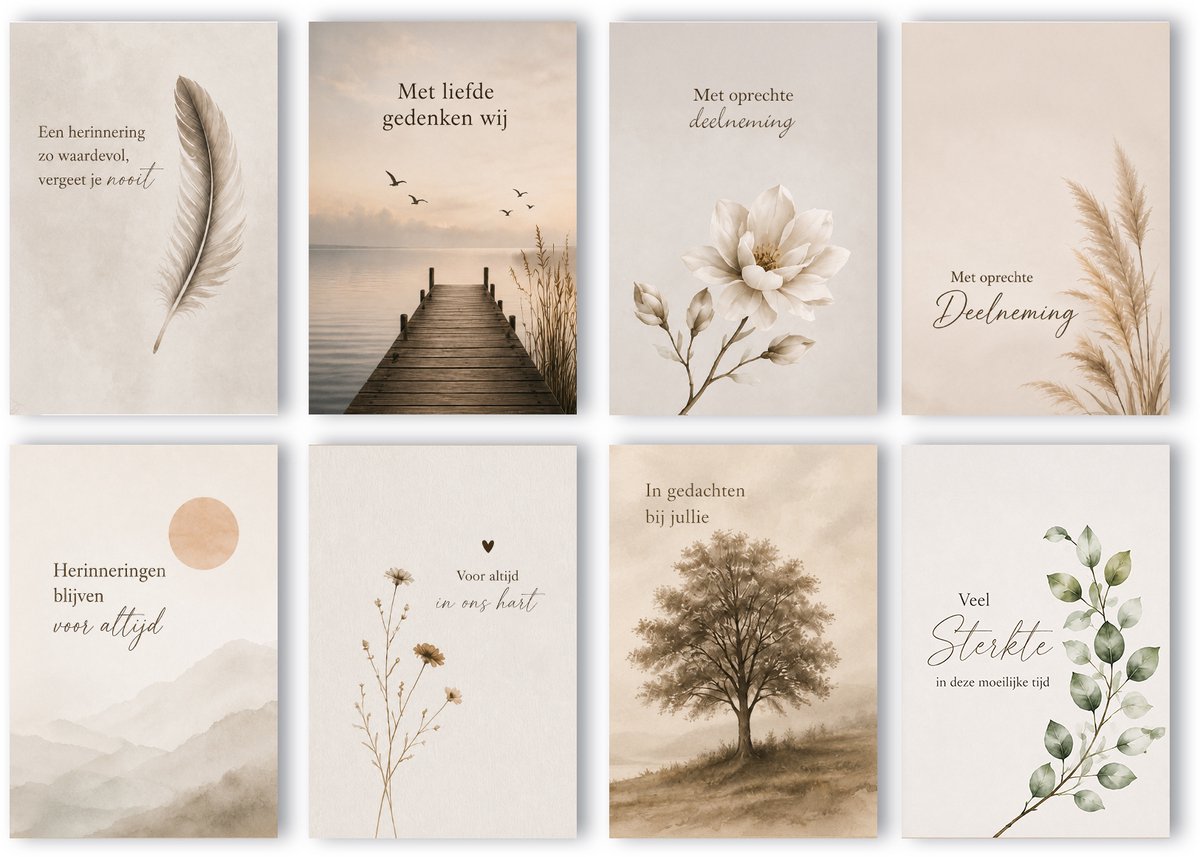 Set van 8 luxe Condoleance kaarten A6 - Rouwkaarten - Sterkte kaarten - Rouwkaarten met envelop - Condoleance kaarten met enveloppen - Condoleancekaarten - Wenskaarten - ASK036