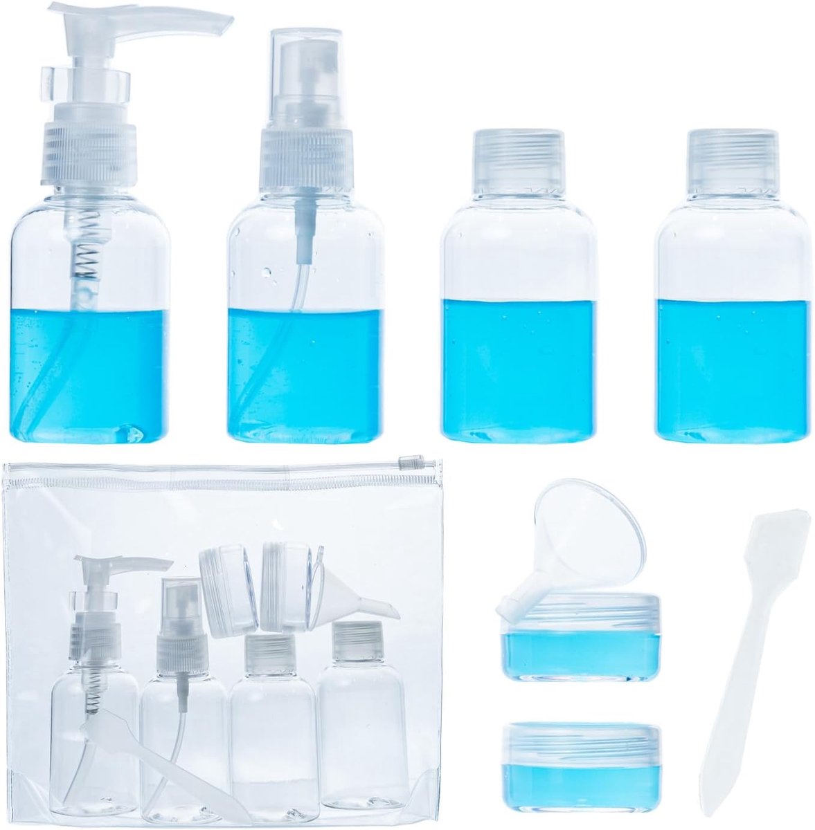 SnelShoppen - Refillable Reisfles Set voor Vloeistoffen, Shampoo, Crème, Contactlenzen, Spray, Gel, Lekvrij, 9-delige Set voor Vliegtuig, Trein, Auto,