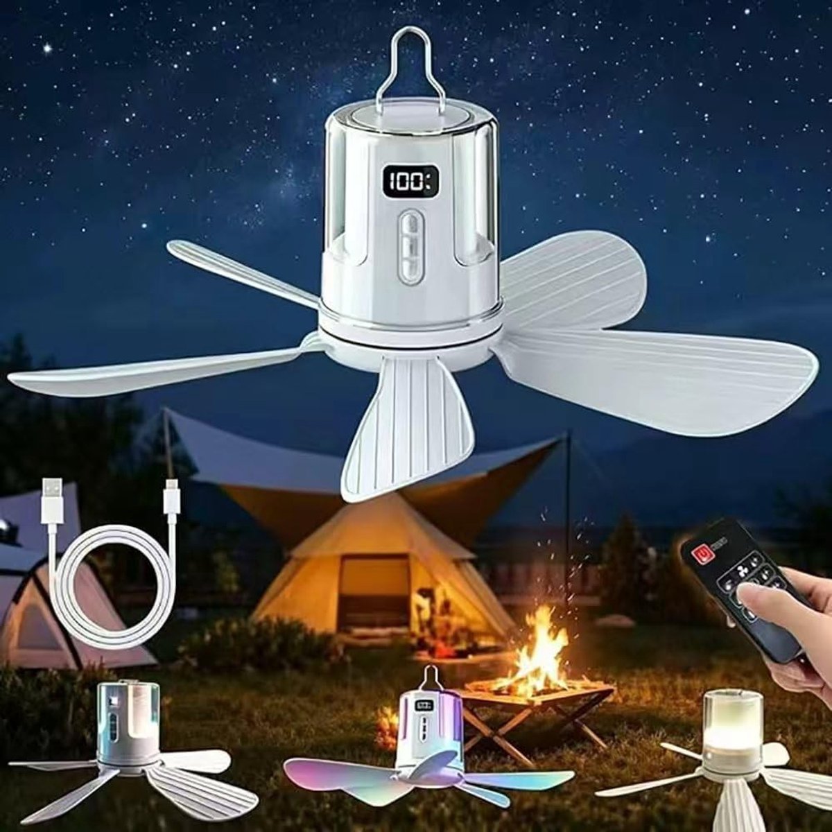 Campingventilator met LED verlichting - Oplaadbare USB accu - Afstandsbediening en timer - Voor buiten