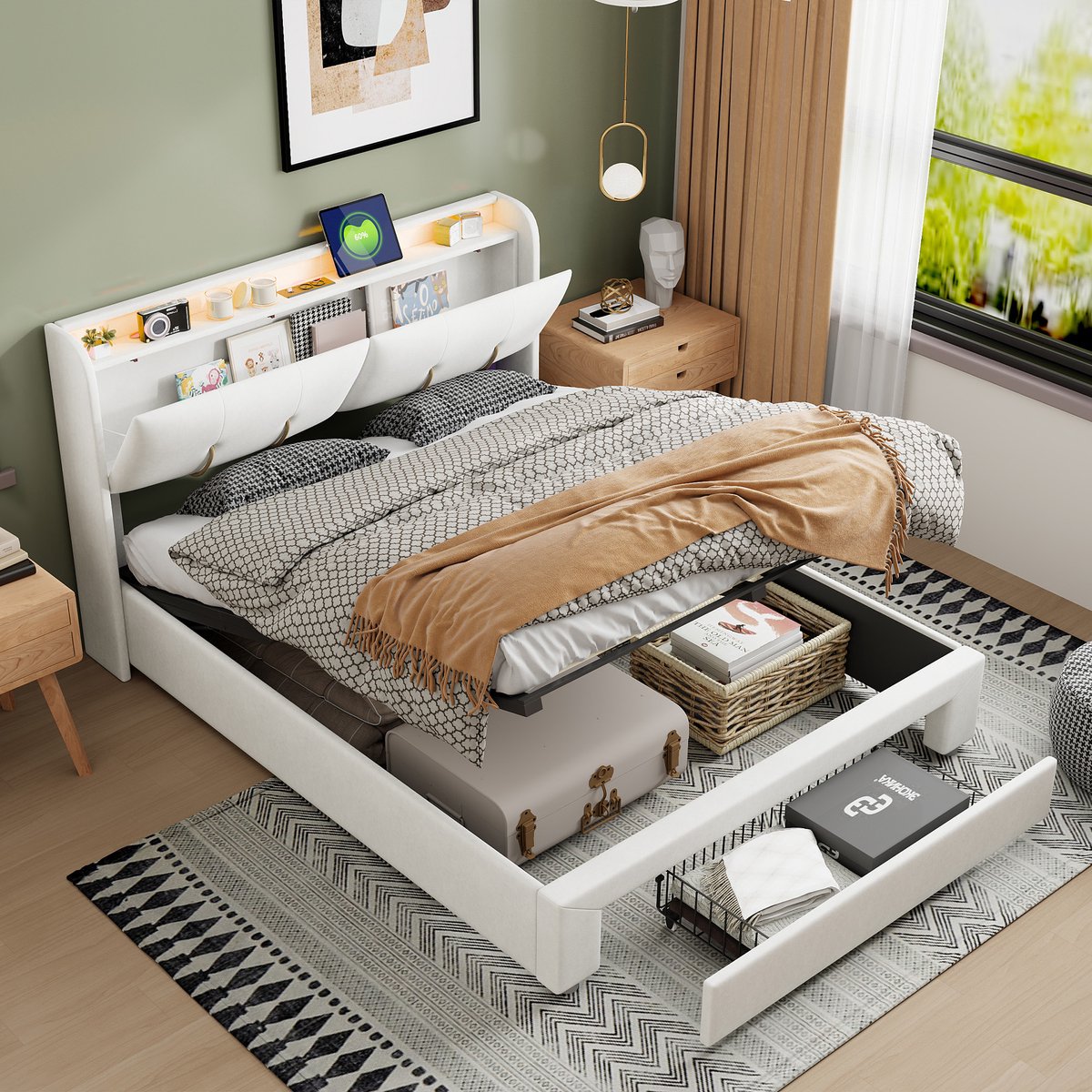 Tweepersoonsbed volwassen bed 160x200 cm, opbergbed met gasveer en led hoofdbord, fluwelen bed met usb aansluiting en stopcontacten, beige, zonder matras