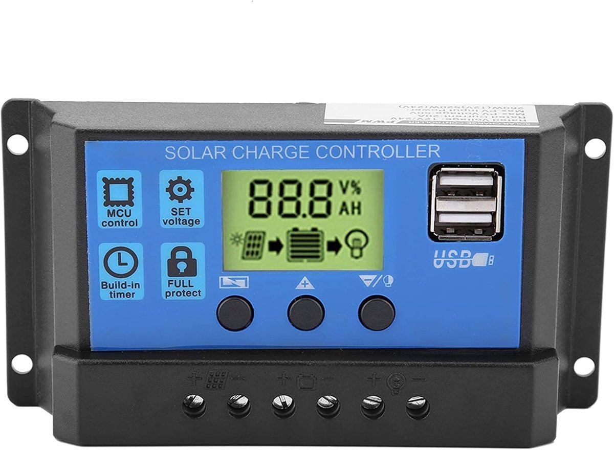 SnelShoppen - Solar Charger, PWM 12V 24V Dual USB Zonnepaneel Laadcontroller met LCD Display 10/20/30A - Ideaal voor Camping, Tuin en Buitenactiviteit