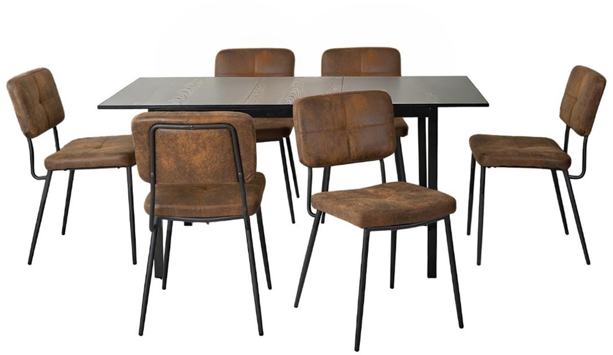 Eethoek - Uitschuifbare Houtlook Tafel 6 Industriële Stoelen - Bruin