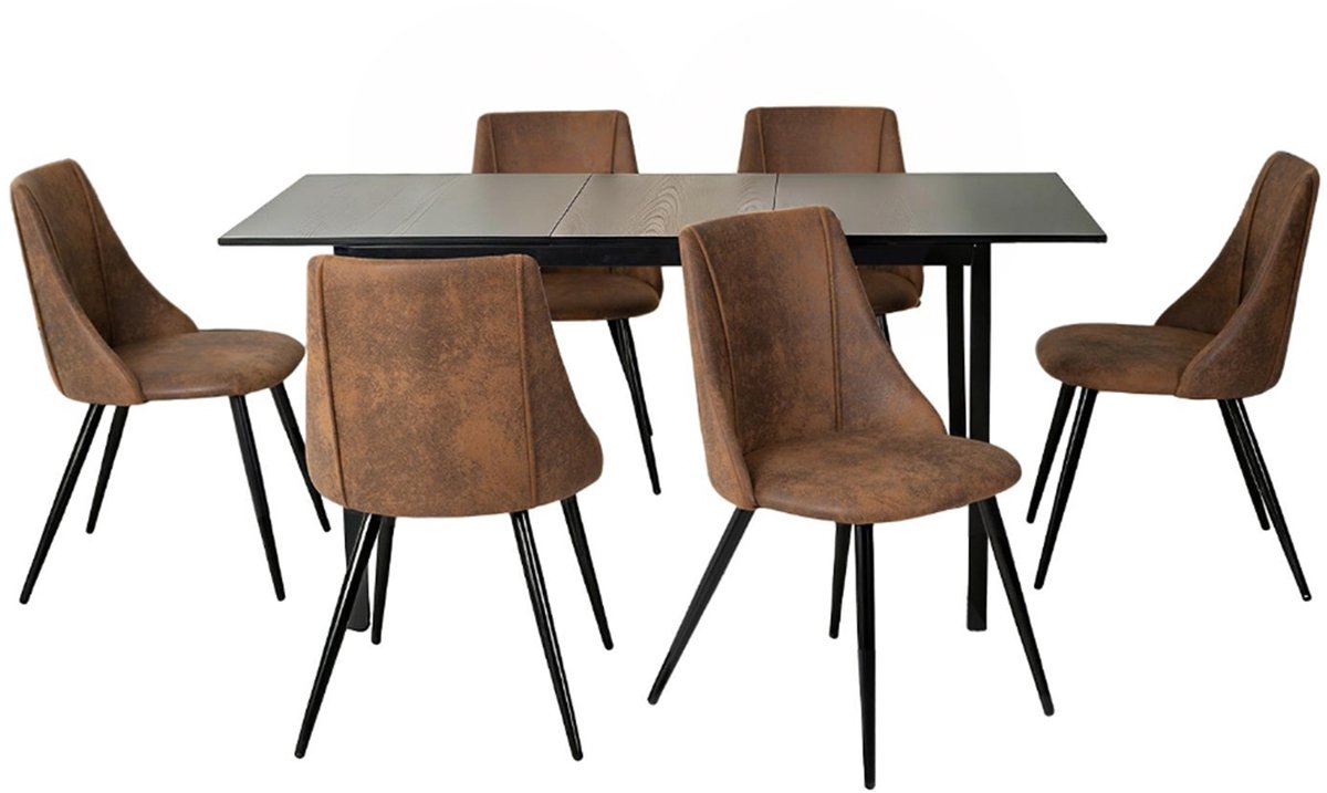 Eethoek - Uitschuifbare Houtlook Tafel en 6 Kunstsuède Stoelen - Bruin