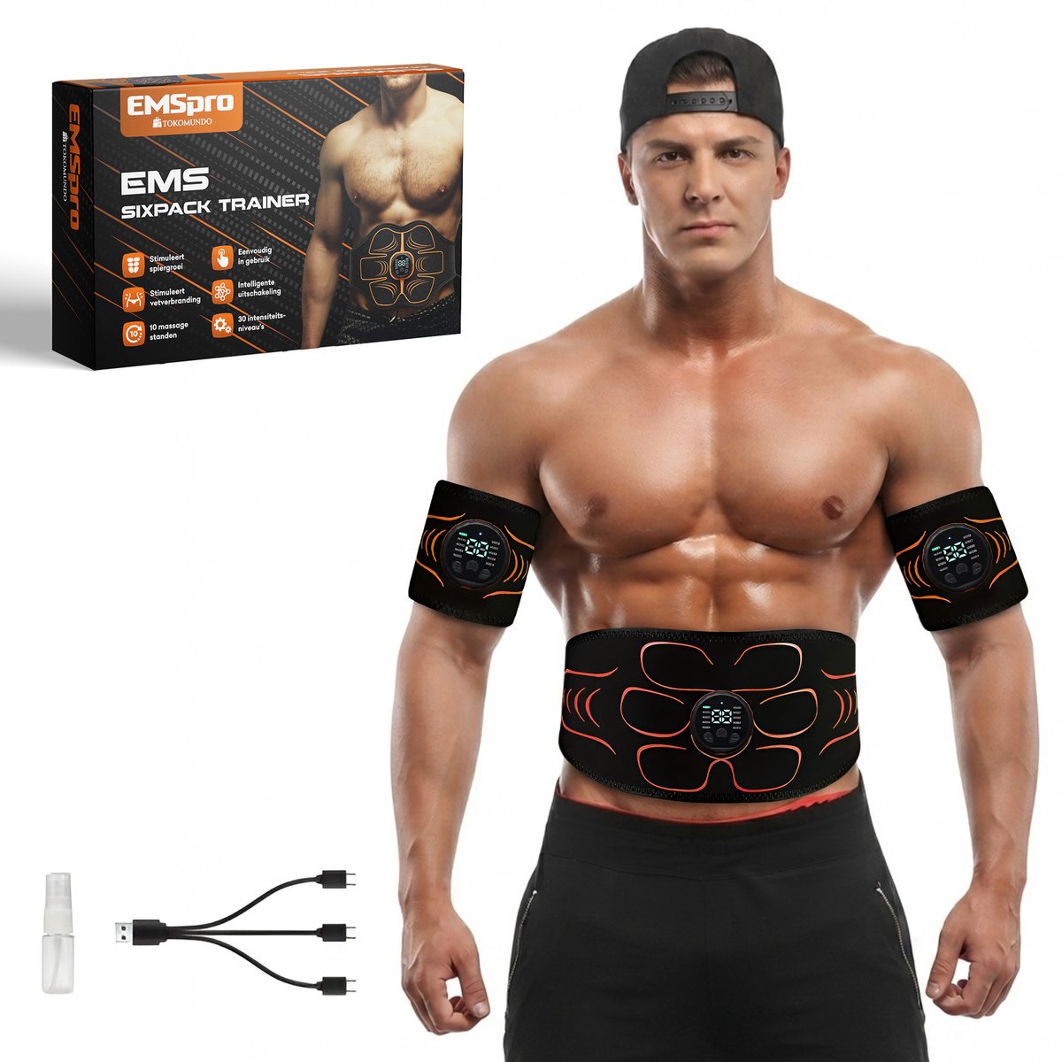 EMS Pro Buikspiertrainers Elektrisch - 107 CM lang & 42 CM lang - Inclusief Armspieren trainer - Ab Trainer - Buiktrainer Buikband - Zweetband voor Afslanken - Tens Massage Apparaat - Buikspieren Spierstimulator