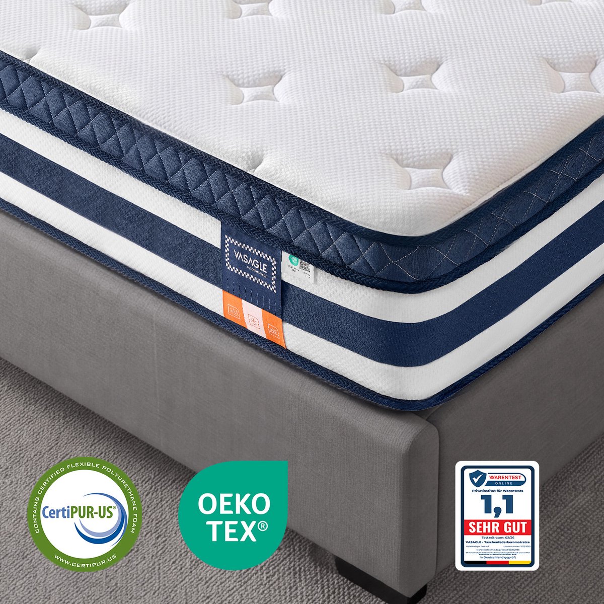 7-zone pocketveringmatras met gel-traagschuim - H3 medium stevigheid - 200 x 180 x 25 cm - Blauw