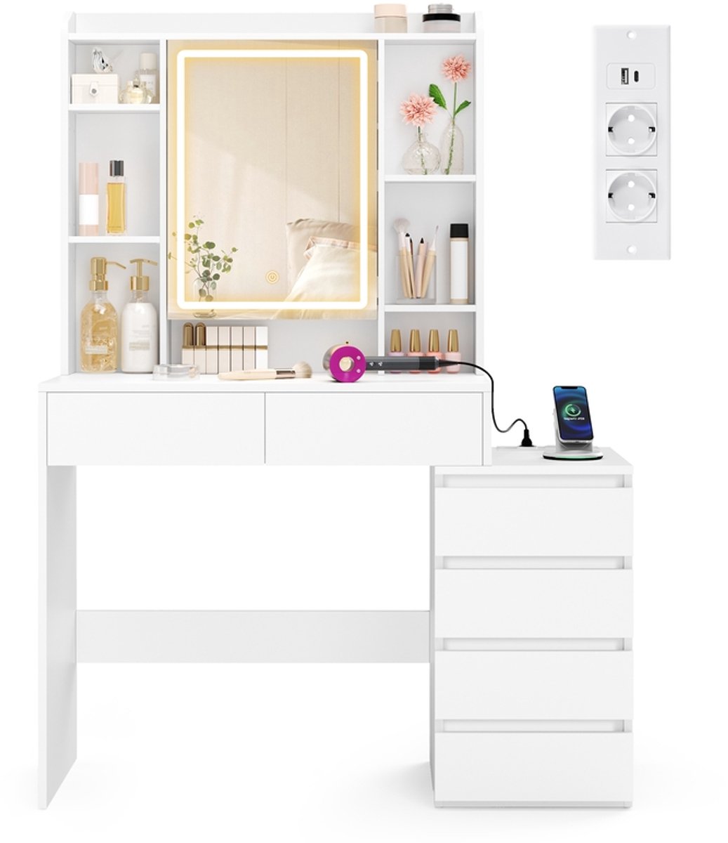 Kailyn Collectie - Kaptafel met LED-spiegel en stekkerdoos - 40 x 105 x 145 cm - Wolkenwit