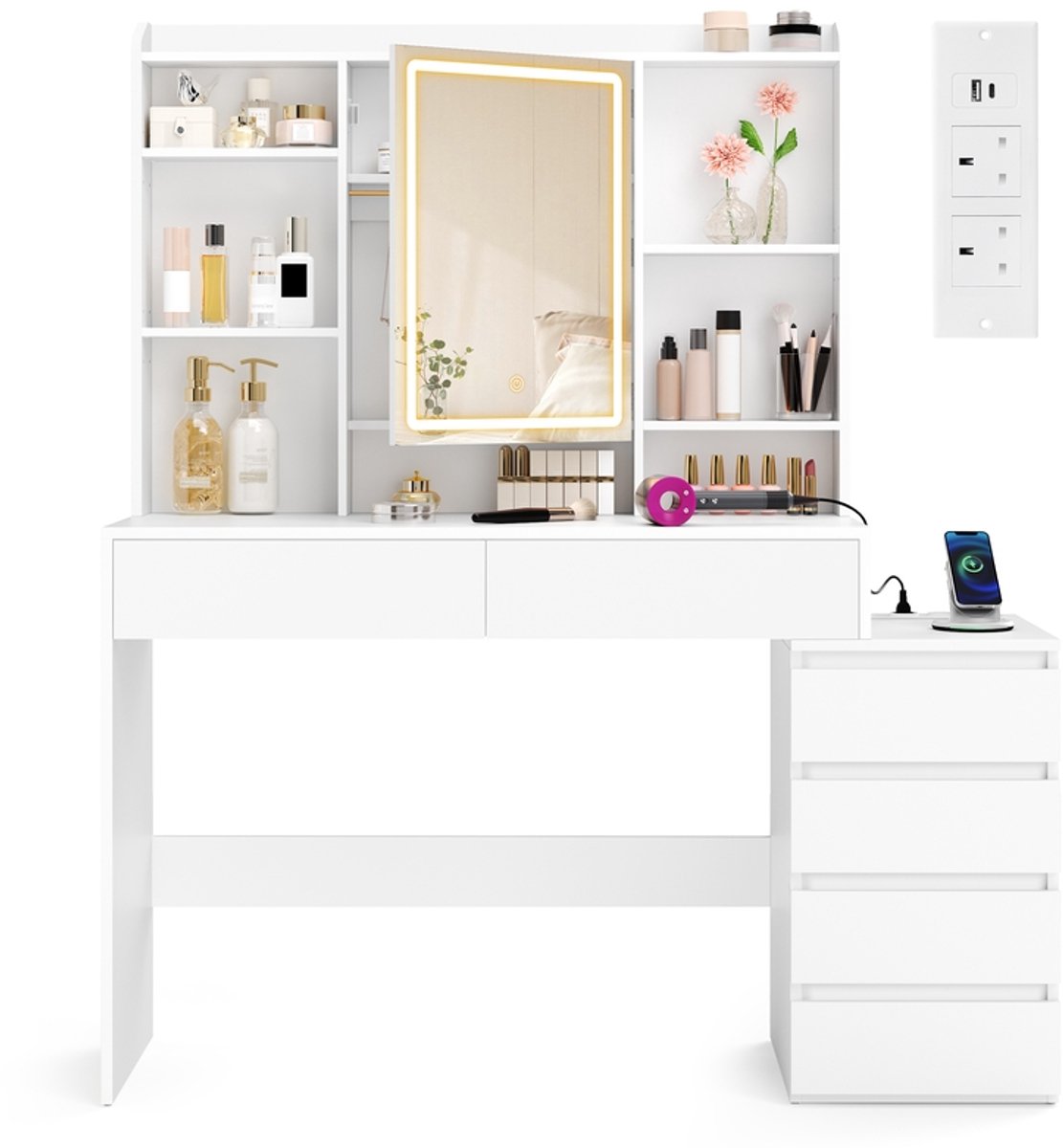 Kailyn Collectie - Kaptafel met LED-spiegel en stekkerdoos - 40 x 124 - 40 x 124,7 x 145 cm - Wolkenwit