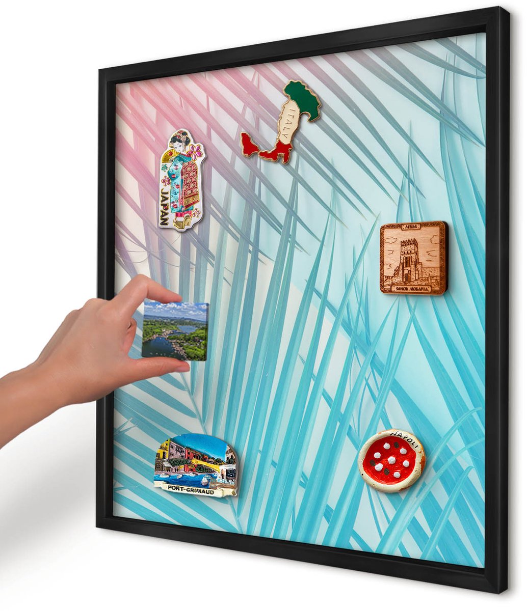 Artprintcave Turkoois Magneetbord mit Zwart Frame - 50x50 cm - Tropische Elegantie Memobord Keuken - Abstract Magnetisch Bord Voor Magneten - Bloemen En Planten