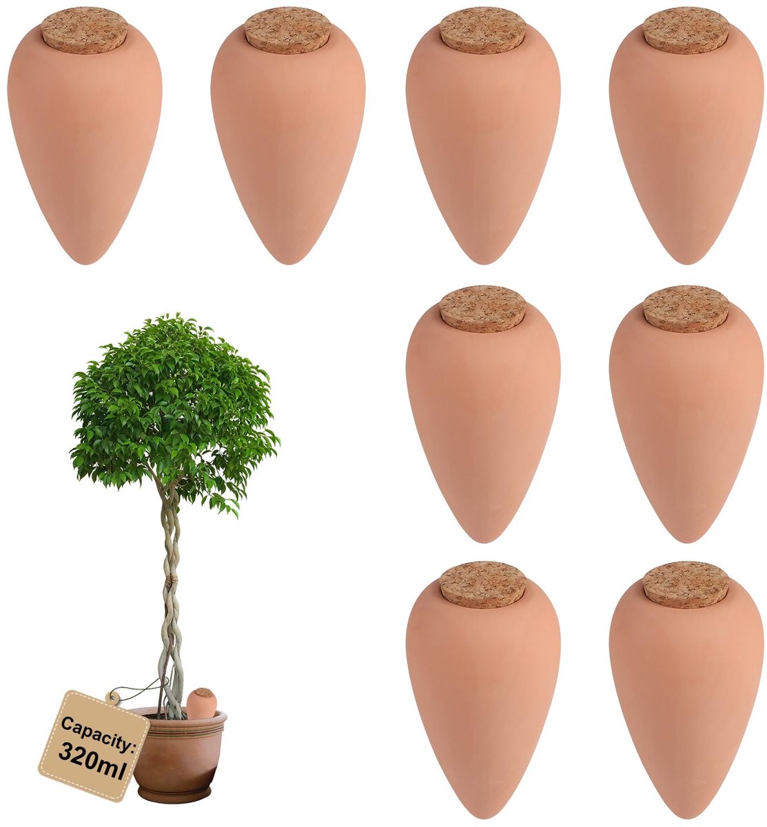 SnelShoppen - Oyas irrigatie systeem met kurk - 8 × 320 ml gieter voor kamerplanten - Radijskegel Olla voor automatische plantenbewatering - Waterdisp