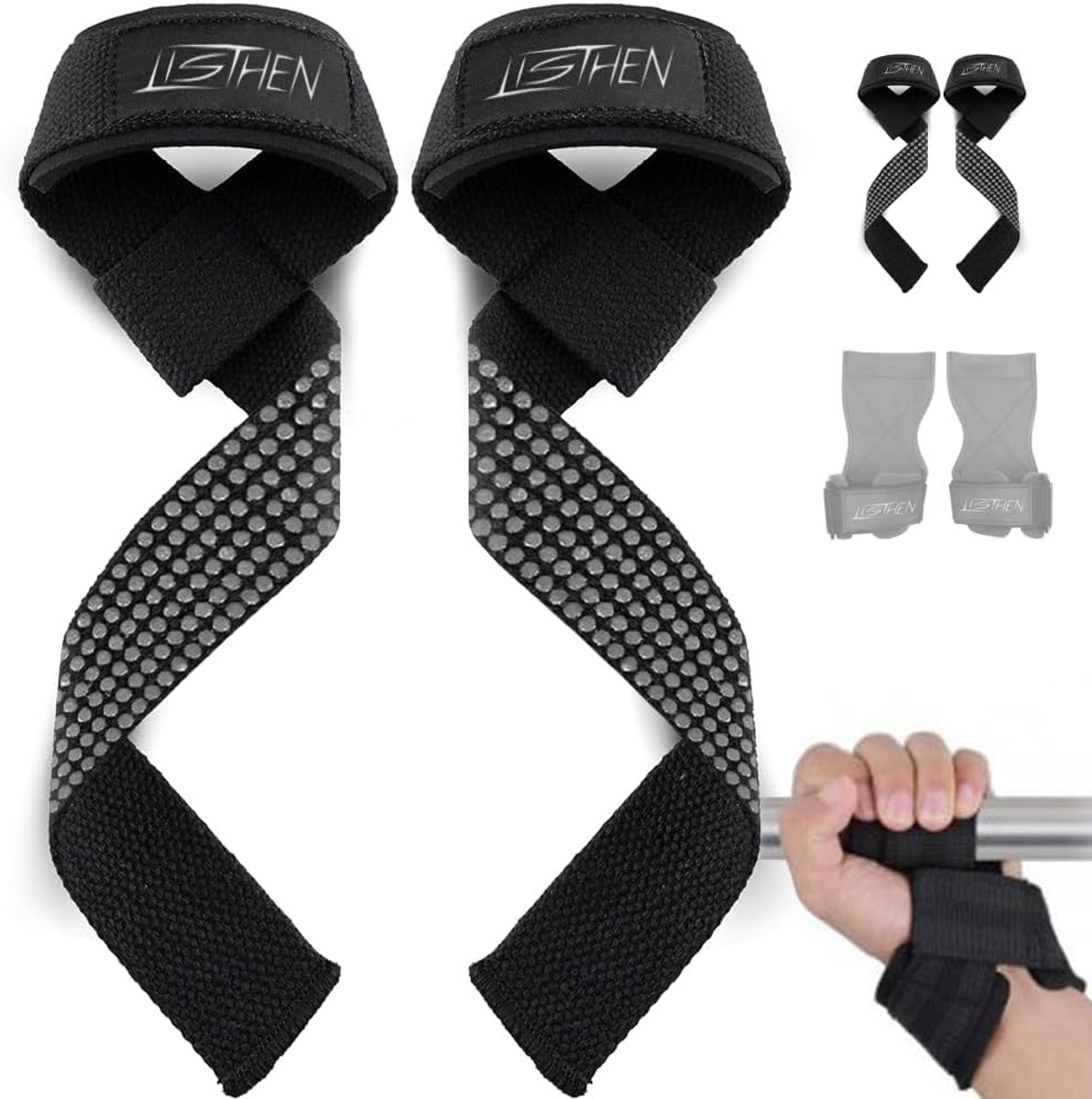 SnelShoppen - Gym polsbanden voor gewichtheffen, deadlift grepen met haken, sterke nylon, ideaal voor bodybuilding en krachttraining, set van 2