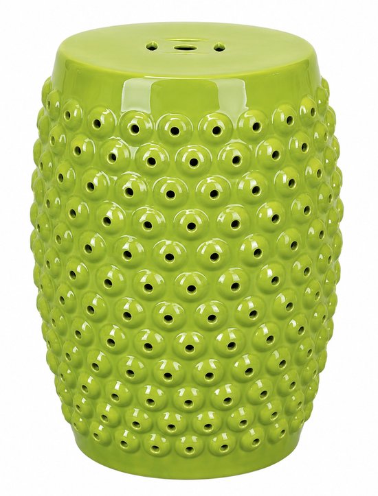 Groene keramische kruk met noppenpatroon en openingen, 33x46cm.