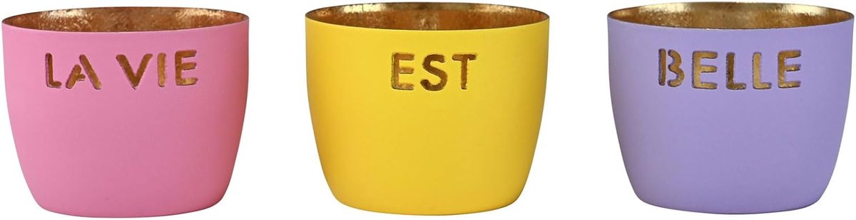 SnelShoppen - Windlichten Set van 3 XS La vie est belle in roze, geel en paars, ijzer, hoogte 4,5 cm, decoratie voor feest, tuin, woonkamer en meer