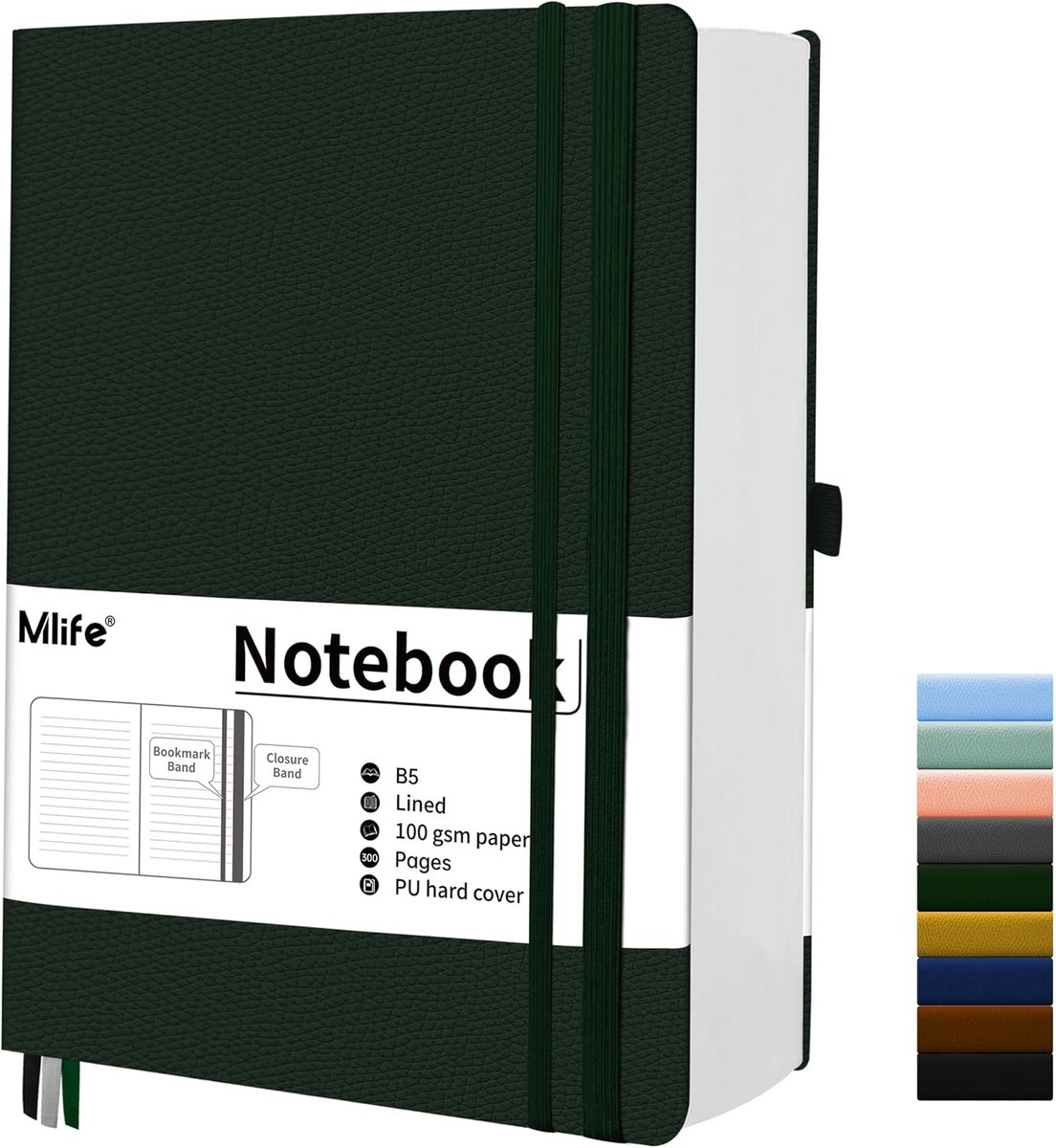 SnelShoppen - B5 Notitieboek 300 Pagina's - Dikte 100gsm Inktbestendig Papier - Notitieboek met Vouwbare Zak voor Kantoor, School en Thuis - Groen