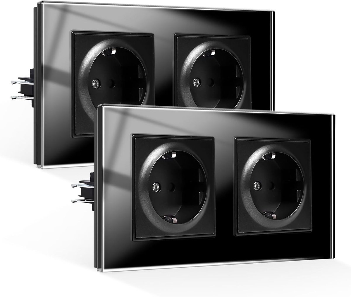 SnelShoppen - Dubbele Stopcontact met Klauwen - Veilig Tempered Glas Paneel - Zwart Aarde Stopcontact - 2-Weg 16 Amp 250 V - Set van 2