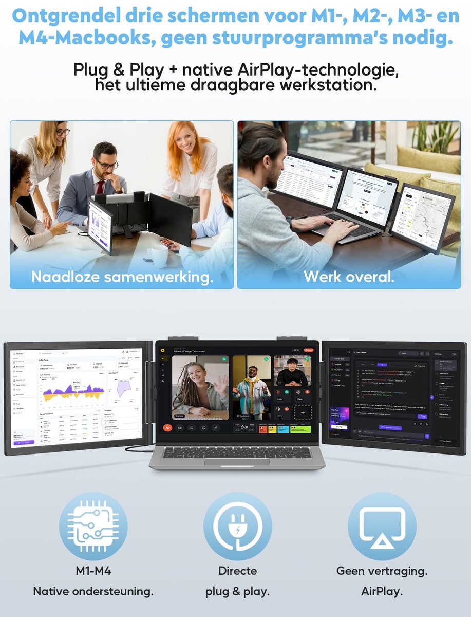 SnelShoppen - Draagbare Monitor 14" FHD 1080P IPS - Wireless Portable Monitor - 270° Rotatie Dubbele Monitor voor Laptop 14"-16" - Laptop Scherm Exten