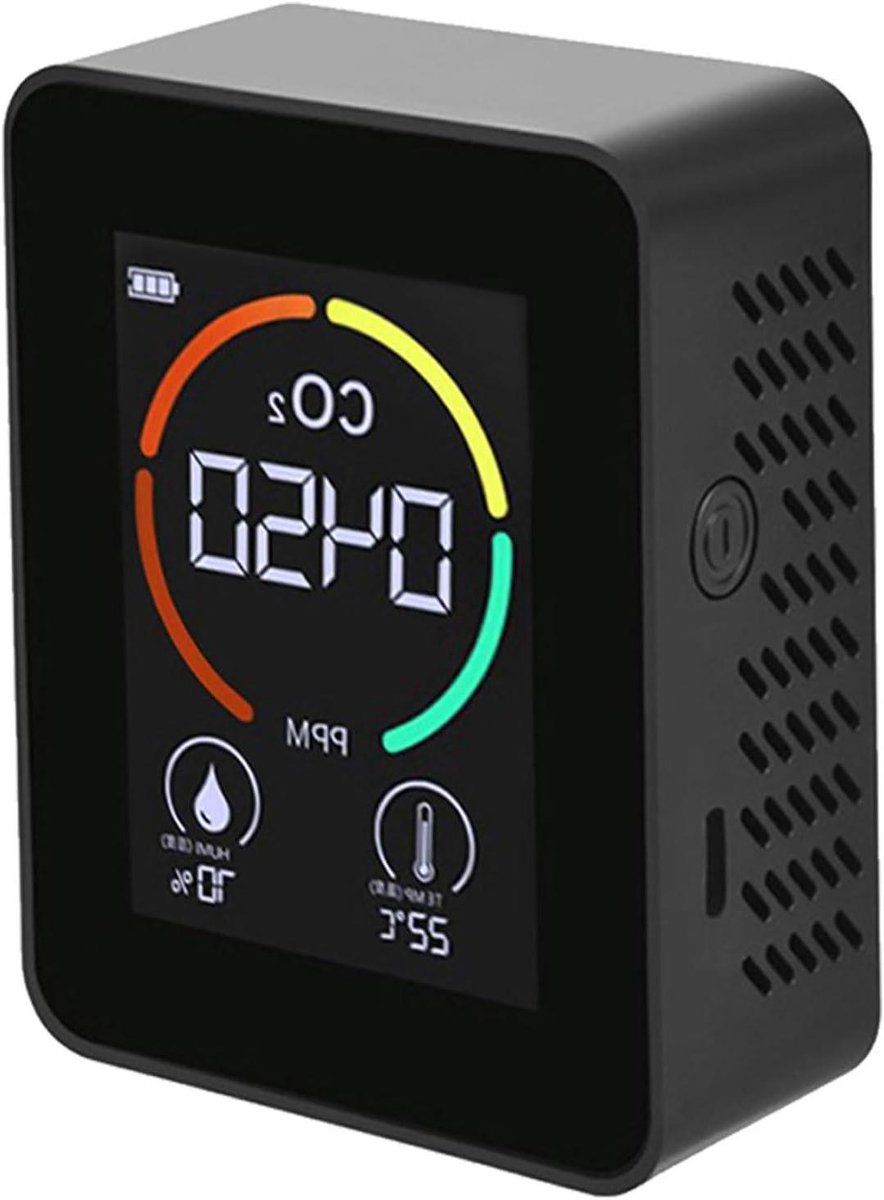 Luchtkwaliteitsmonitor - CO2-meter Detector - Binnenklimaat Meten - 3-in-1 Meting - 90x70x35mm - Zwart