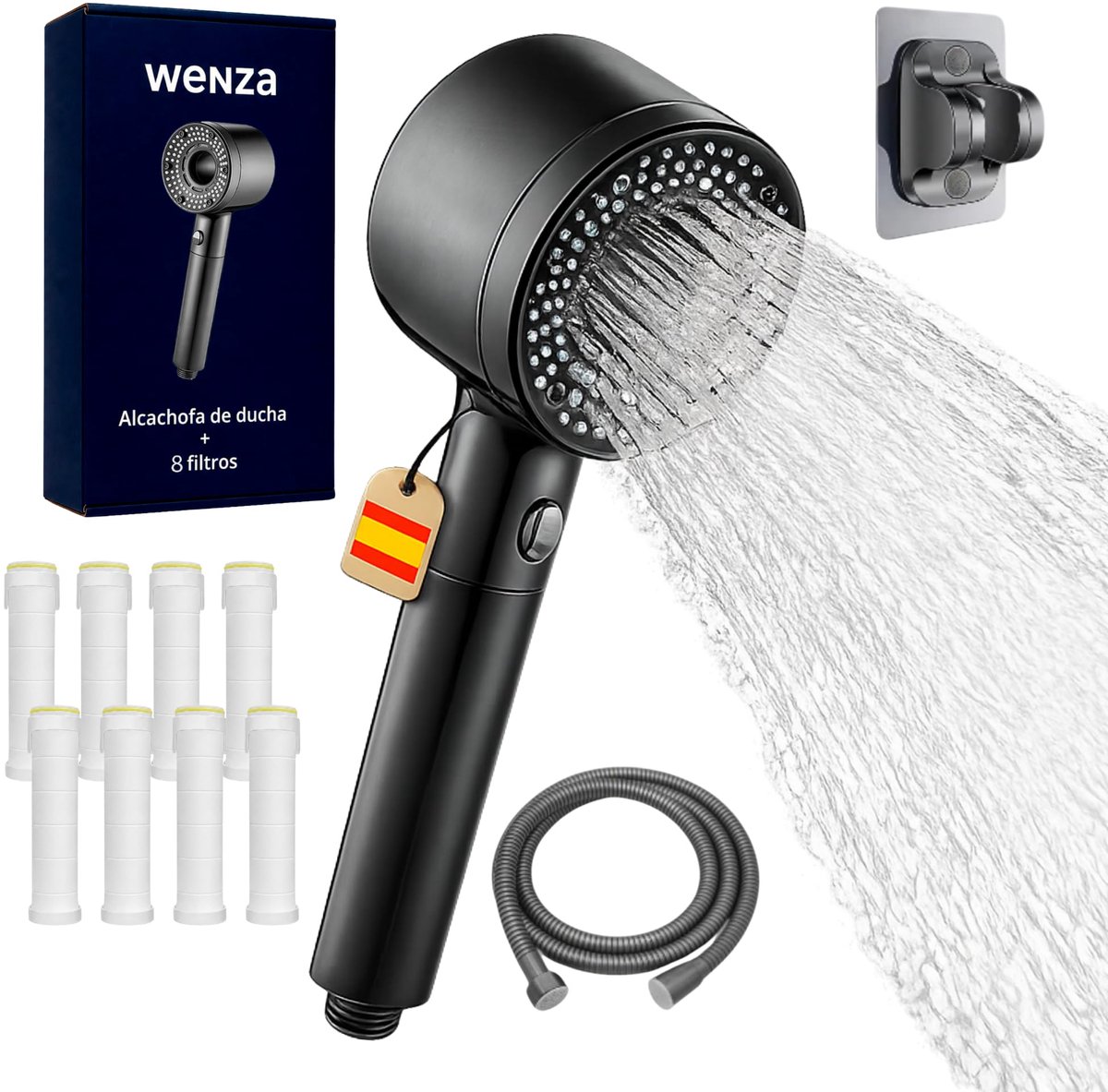 SnelShoppen - WENZA Douchekop met Filter, 7 Antikalkfilters, Hogedrukfilter, Slang 1,5 m, Wandhouder voor Huishouden, Badkamer, Wellness