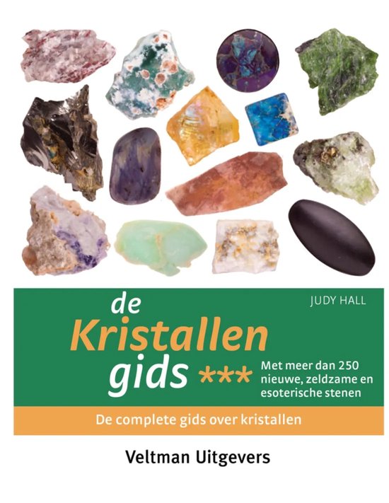 Boekomslag met diverse mineralen en de titel 'De Kristallengids'.