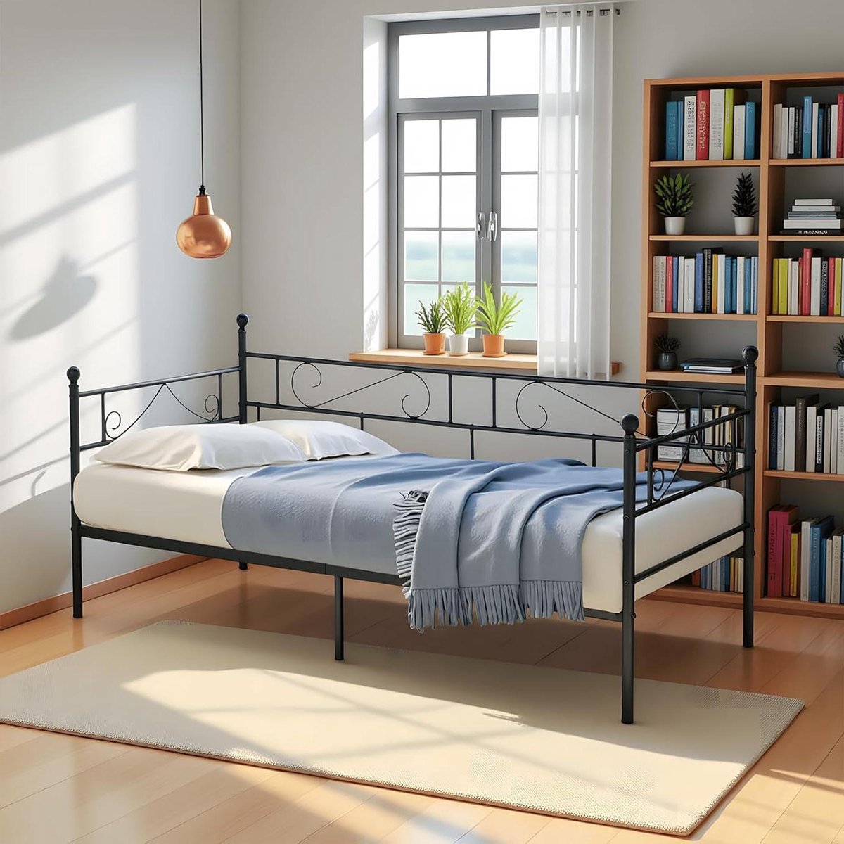 Slaapbank Metaal - Bank Bed - Ruimte Besparen - Opbergruimte Onder - 90x200 cm - Zwart