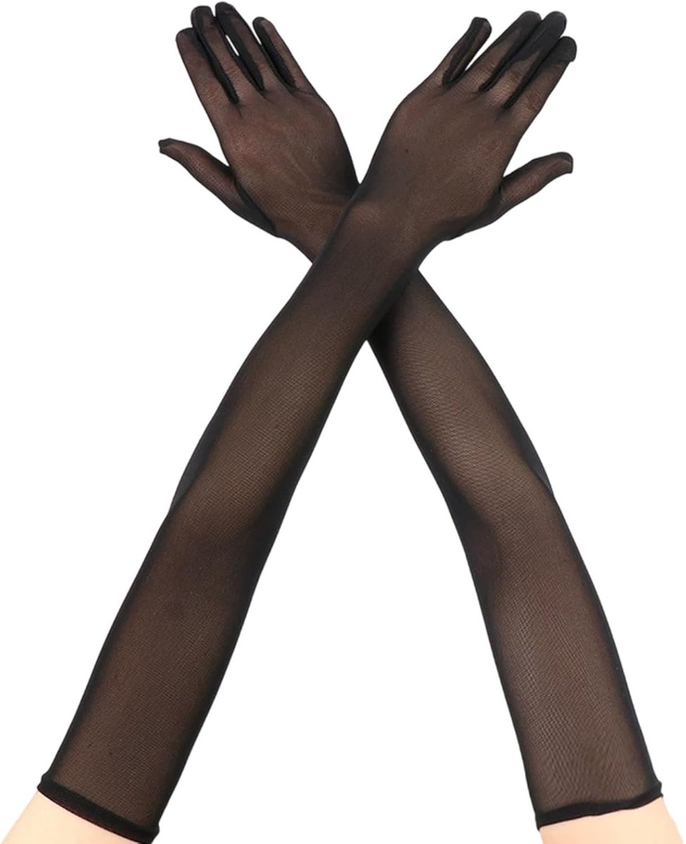 Elegante Lange Zwarte Tulle Handschoenen voor Dames - Perfect voor Bruiloften, Avondfeesten en Halloween