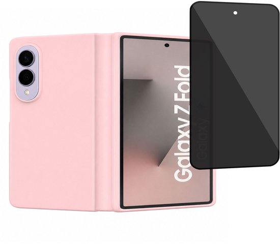 Roze telefoonhoesje voor Samsung Galaxy Z Fold met een privacy screenprotector ervoor.