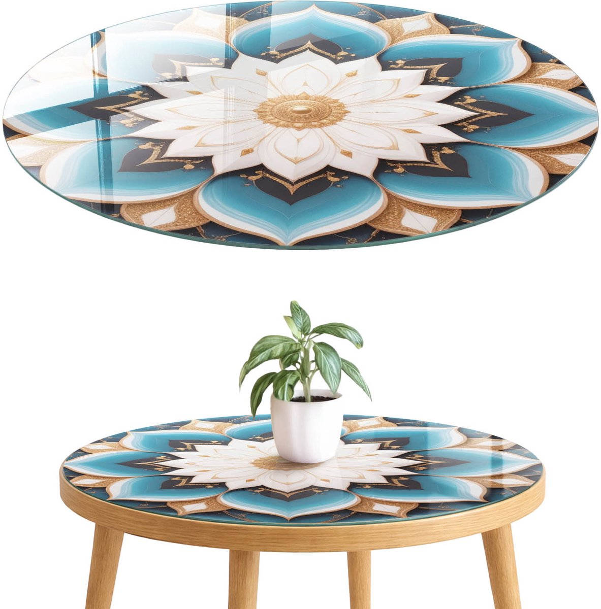 ArtPrintCave Bloemenmandala Glazen Tafelblad fi70 cm - Tafelblad Rond - Turkoois Bureaublad - Abstractie Eettafel Met Glasplaat