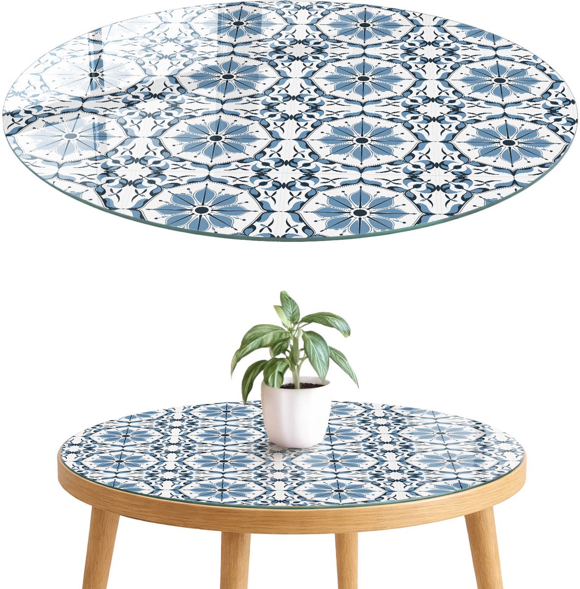 ArtPrintCave Tegelmozaïek Glazen Tafelblad fi70 cm - Tafelblad Rond - Blauw Glasplaat - Achtergronden en patronen Keukentafel