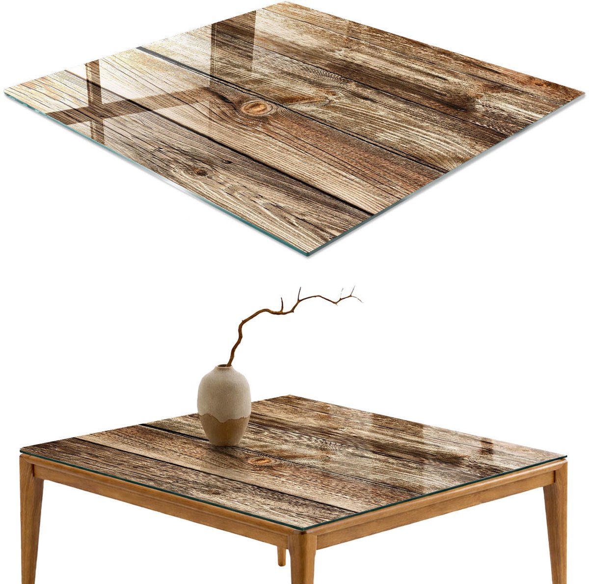 ArtPrintCave Houten planken Glazen Tafelblad 60x60 cm - Tafelblad Rechthoek - Bruin Eettafel Met Glasplaat - Texturen Eettafel Met Glasplaat