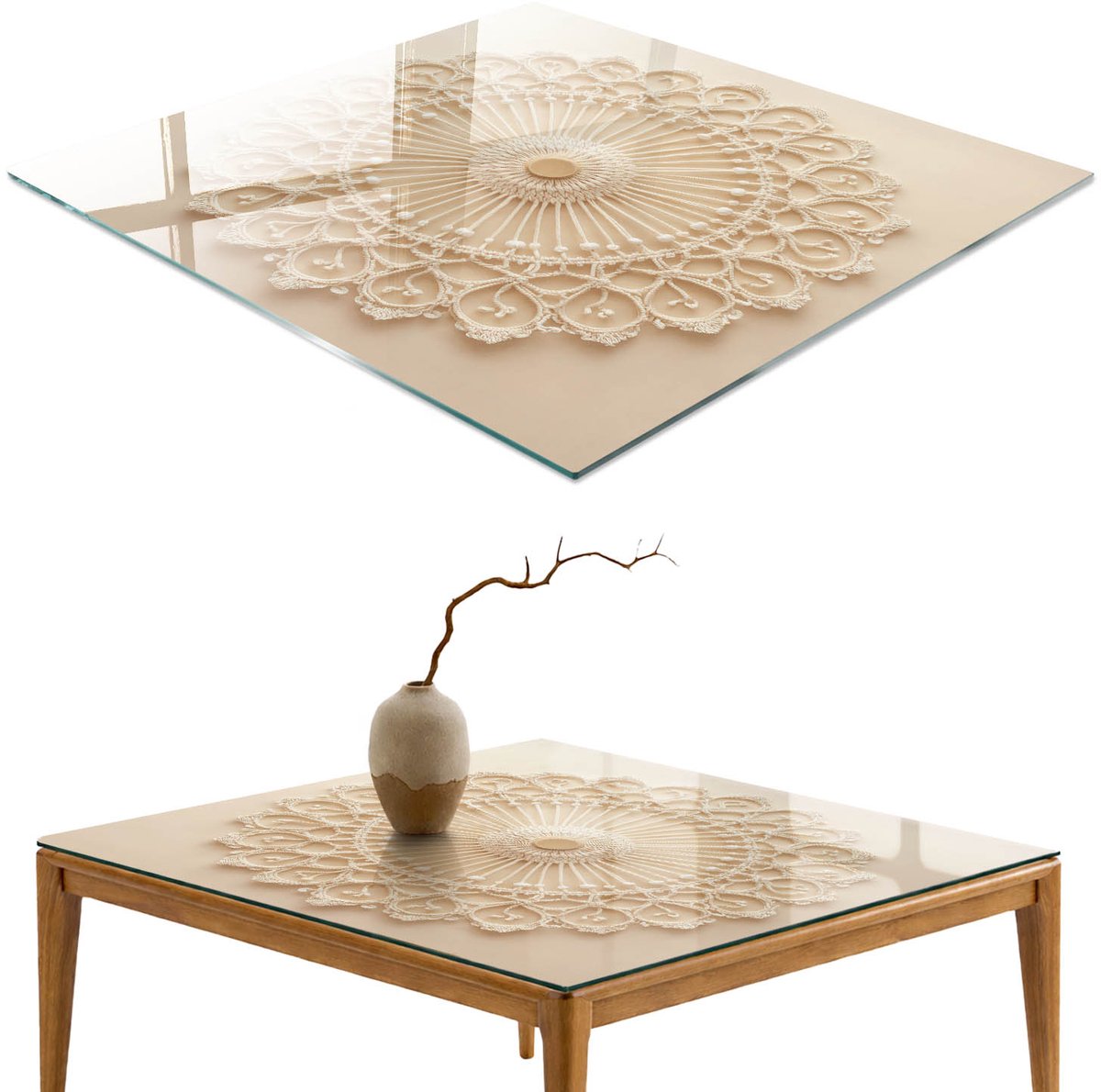 ArtPrintCave Macramé decoratie Glazen Tafelblad 60x60 cm - Tafelblad Rechthoek - Beige Keukentafel - Deel Terrastafel