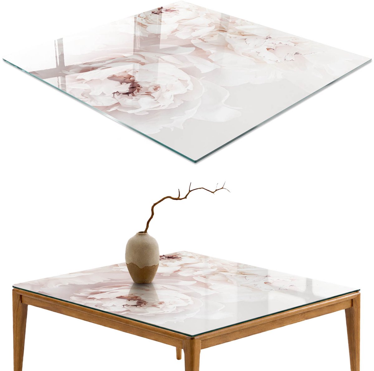 ArtPrintCave Crème pioenrozen Glazen Tafelblad 60x60 cm - Tafelblad Rechthoek - Wit Glasplaat - Bloemen en planten Keukentafel